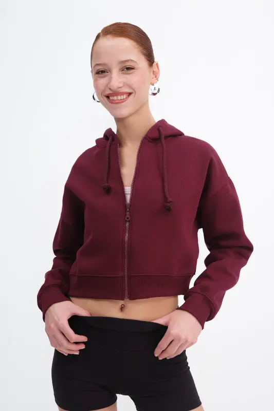 Şardonlu Fermuarlı Sweatshirt H3717-S12-Bordo - 2