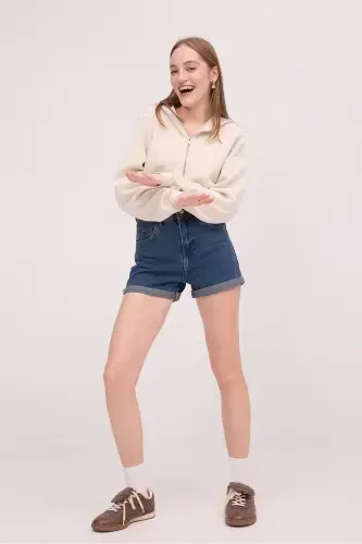 Шардонлу Капюшонлу Crop Sweatshirt H1526-İ9-BEJ - 1