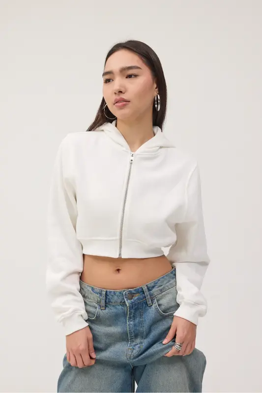 Шардонлу Капюшонлу Crop Sweatshirt H1526-İ9-Ekru - 6