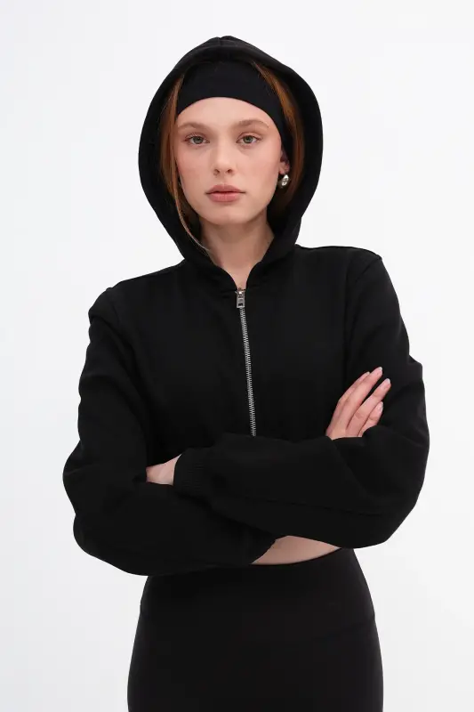 Шардонлу Капюшонлу Crop Sweatshirt H1526-İ9-Siyah - 2