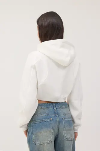 Şardonlu Kapüşonlu Crop Sweatshirt H1526-İ9 - Ekru - 5