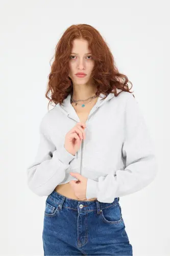 Şardonlu Kapüşonlu Crop Sweatshirt H1526-İ9 - Kar Melanj 