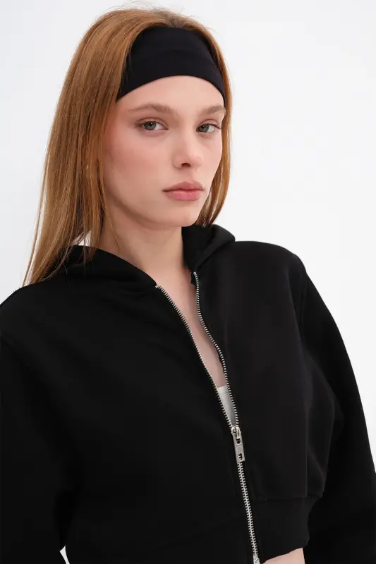 Şardonlu Crop Sweatshirt H1526-T9 - Siyah - 18