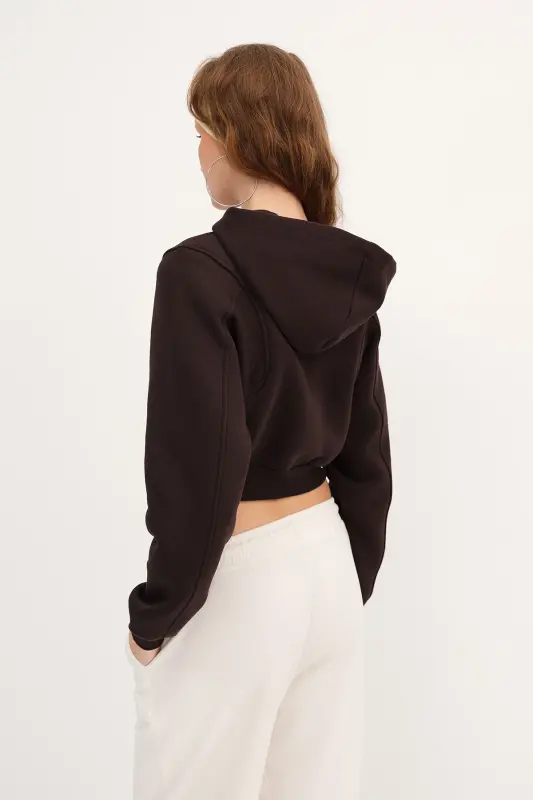 Şardonlu Kapüşonlu Crop Sweatshirt H1526-T9 - Acı Kahve - 6