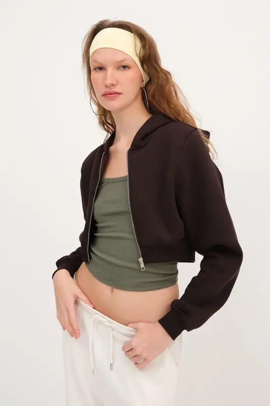 Şardonlu Kapüşonlu Crop Sweatshirt H1526-T9-Acı Kahve - ADDAX