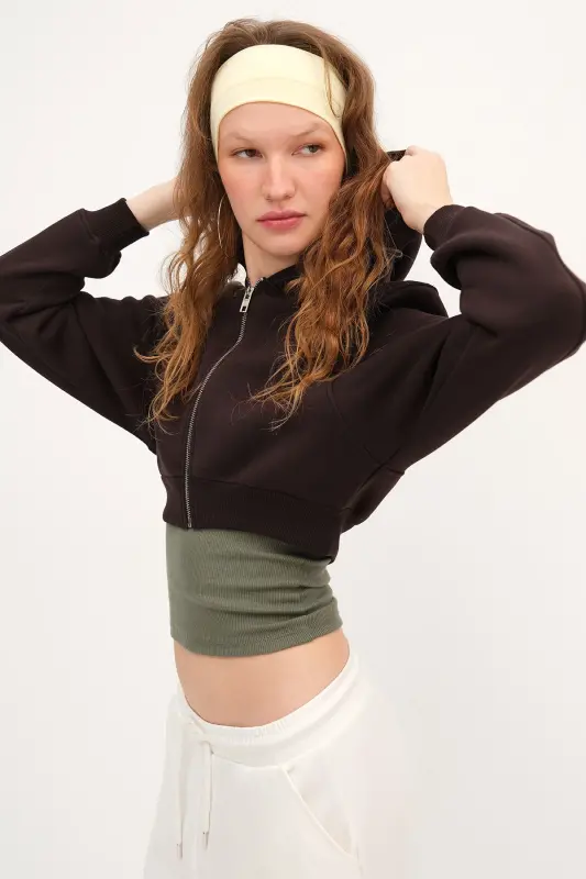 Şardonlu Kapüşonlu Crop Sweatshirt H1526-T9-Acı Kahve - 2