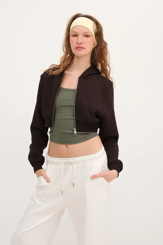Şardonlu Kapüşonlu Crop Sweatshirt H1526-T9-Acı Kahve - 4
