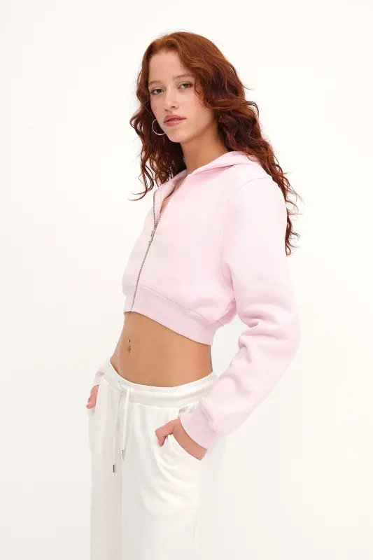 Şardonlu Kapüşonlu Crop Sweatshirt H1526-T9-Lotus - 4