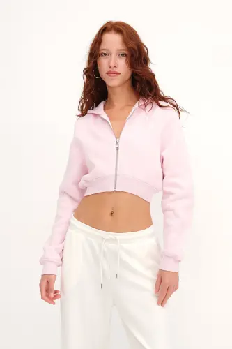 Şardonlu Kapüşonlu Crop Sweatshirt H1526-T9-Lotus - 5