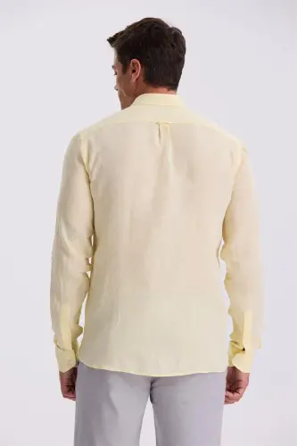 Sarı %100 Keten Düğmeli Yaka Comfort Fit Gömlek - 4