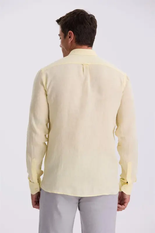 Sarı %100 Keten Düğmeli Yaka Comfort Fit Gömlek - 4
