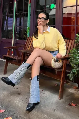 Sarı Bisiklet Yaka Oversize Triko Kazak MG1972-Sarı - MADMEXT (1)