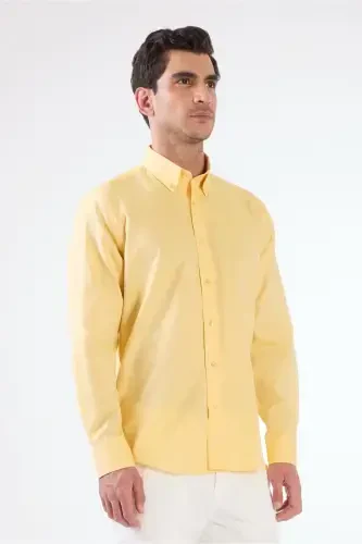 Sari Erkaklar Regular Fit Oxford Brent Tugmachali Yoqa Uzun Yengli Ko'ylak - 94862 - DUFY (1)