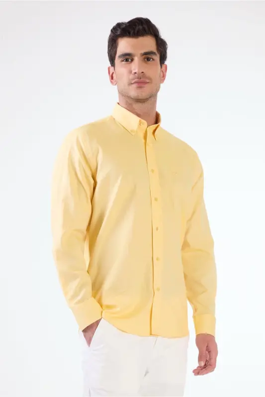 Sarı Erkek Regular Fit Oxford Brent Düğmeli Yaka Uzun Kol Gömlek - SARI - 4