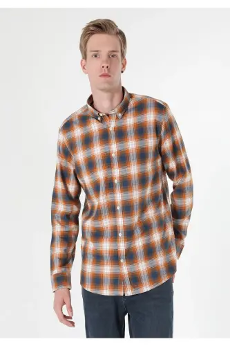 Regular Fit Shirt Neck Ekoseli Erkek Sari Uzun Kol Gömlek - SAFRAN - 1