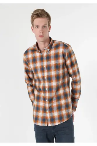 Regular Fit Shirt Neck Ekoseli Erkek Sari Uzun Kol Gömlek - SAFRAN - 4