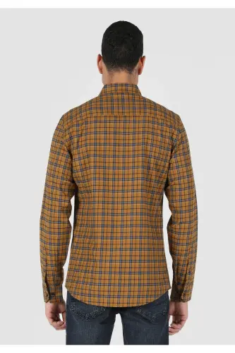 Slim Fit Shirt Neck Ekoseli Erkek Sari Uzun Kol Gömlek - SAFRAN - 2
