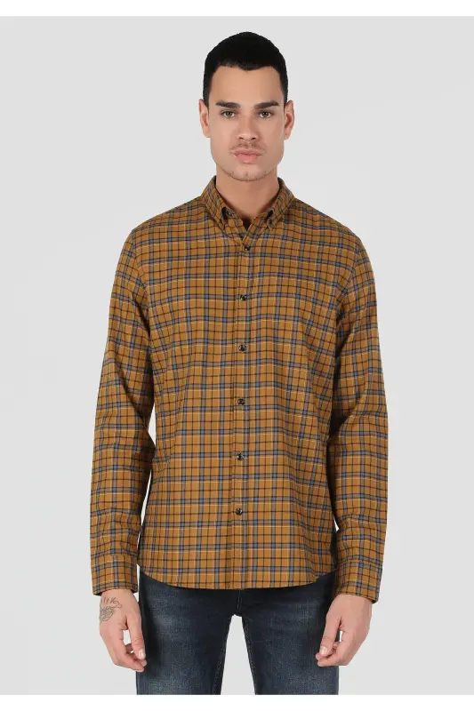 Slim Fit Shirt Neck Ekoseli Erkek Sari Uzun Kol Gömlek - SAFRAN - 4