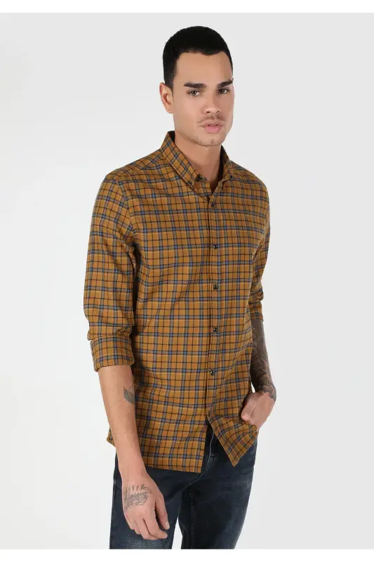 Sari, kat-kat, uzun yengli, slim fit erkaklar ko'ylak (Cl1061023) - 1