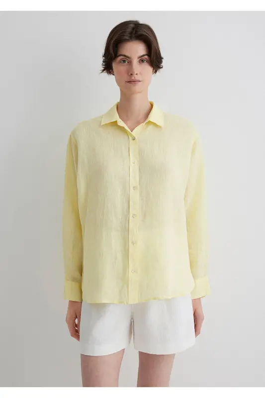 Sarı Keten Gömlek Loose Fit / Bol Rahat Kesim 1210 - 4
