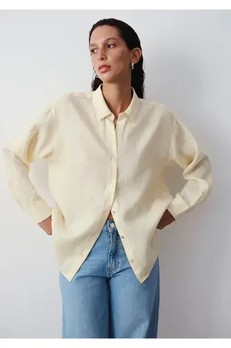 Sarı Keten Gömlek Loose Fit / Bol Rahat Kesim 1210747-84571 - Sarı - MAVI (1)