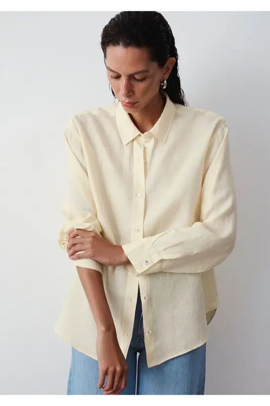 Sarı Keten Gömlek Loose Fit / Bol Rahat Kesim 1210747-84571 - Sarı - Mavi