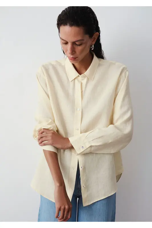 Sarı Keten Gömlek Loose Fit / Bol Rahat Kesim 1210747-84571 - Sarı - 1