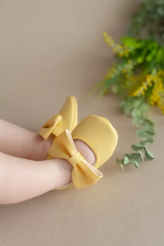 Sarı Kız Bebek Suni Deri Fiyonklu Babet Patik Ilk Adım Ayakkabısı - Sarı - FIRST STEP