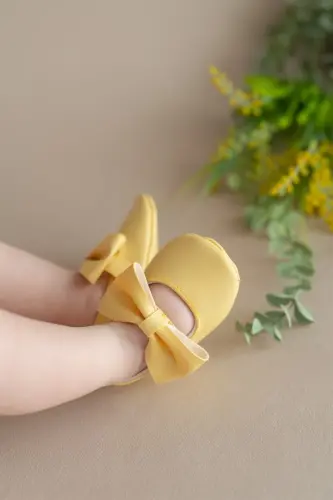 Sarı Kız Bebek Suni Deri Fiyonklu Babet Patik Ilk Adım Ayakkabısı - Sarı 