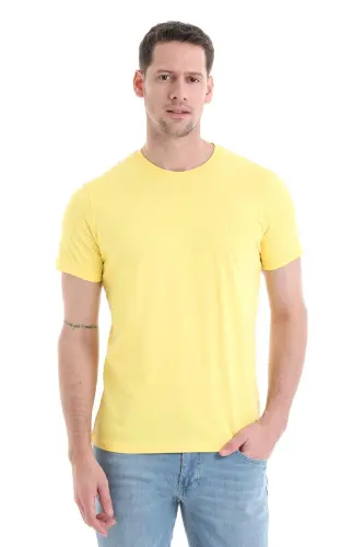 Sarı Regular Fit Düz 100% Pamuklu Bisiklet Yaka Tişört - Sarı 