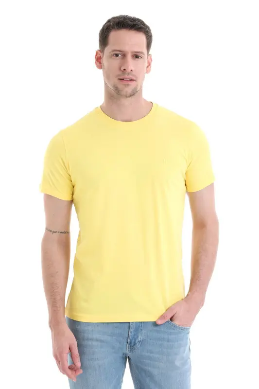 Sarı Regular Fit Düz 100% Pamuklu Bisiklet Yaka Tişört - Sarı - 1