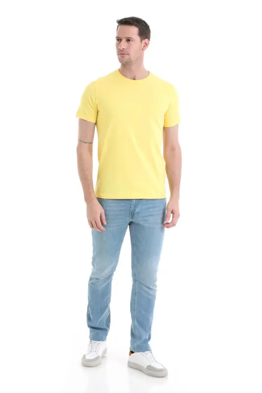 Sarı Regular Fit Düz 100% Pamuklu Bisiklet Yaka Tişört - Sarı - 2