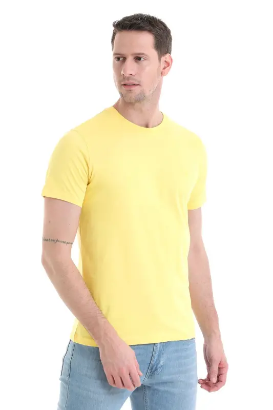 Sarı Regular Fit Düz 100% Pamuklu Bisiklet Yaka Tişört - Sarı - 3