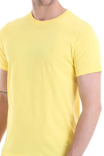 Sarı Regular Fit Düz 100% Pamuklu Bisiklet Yaka Tişört - Sarı - 4
