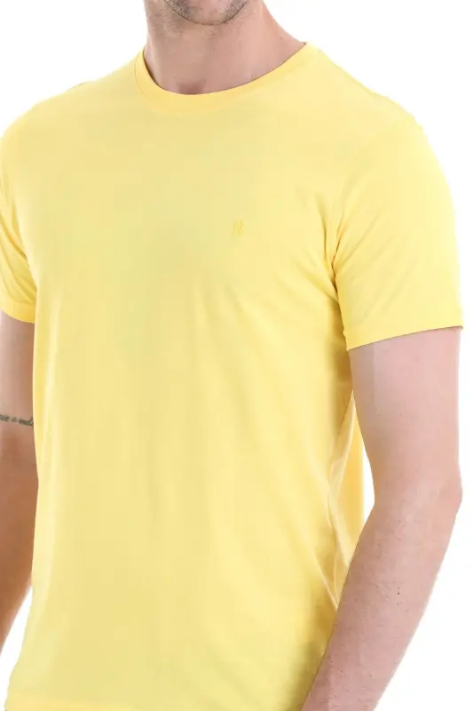 Sarı Regular Fit Düz 100% Pamuklu Bisiklet Yaka Tişört - Sarı - 4