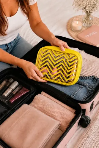 Sarı Şeffaf Zigzag Desenli Makyaj Çantası – Kozmetik ve Kişisel Bakım Organizeri - Sarı Zigzag - 3