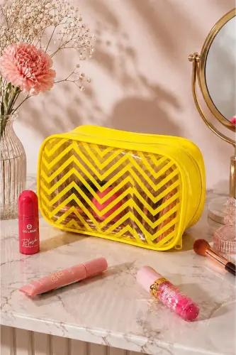 Sarı Şeffaf Zigzag Desenli Makyaj Çantası – Kozmetik ve Kişisel Bakım Organizeri - Sarı Zigzag - 5