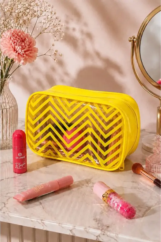 Sarı Şeffaf Zigzag Desenli Makyaj Çantası – Kozmetik ve Kişisel Bakım Organizeri - Sarı Zigzag - 5