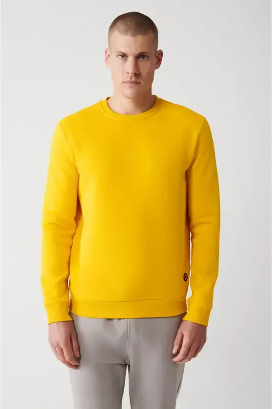 Erkek Sarı Şardonlu Kumaş Bisiklet Yaka Basic Sweatshirt E001017-Sarı - 3