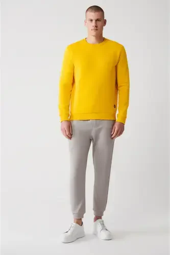 Erkek Sarı Şardonlu Kumaş Bisiklet Yaka Basic Sweatshirt E001017-Sarı - 6