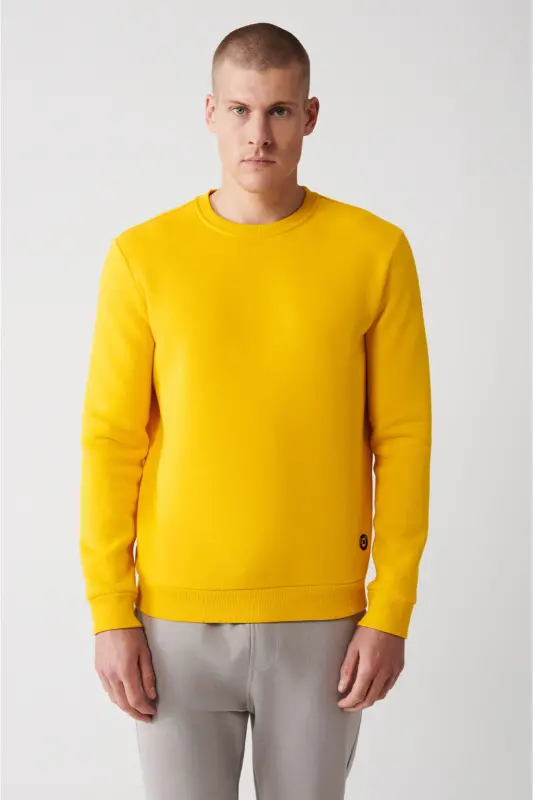 Erkek Sarı Şardonlu Kumaş Bisiklet Yaka Basic Sweatshirt E001017-Sarı - 3