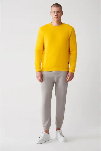 Erkek Sarı Şardonlu Kumaş Bisiklet Yaka Basic Sweatshirt E001017-Sarı - 6