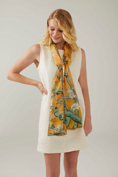 Sarı Almond Blossoms 50x170 Badem Ağacı % 100 Saten Ipek Fular Eşarp-Sarı - 4