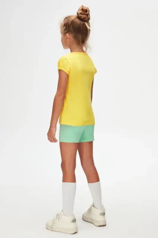 Sariq Basic qiz bola nol yoqali tarvuz yengli futbolka-FREESIA YELLOW - 4