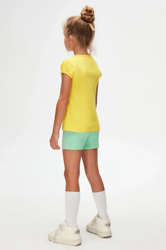 Sariq Basic qiz bola nol yoqali tarvuz yengli futbolka-FREESIA YELLOW - 4