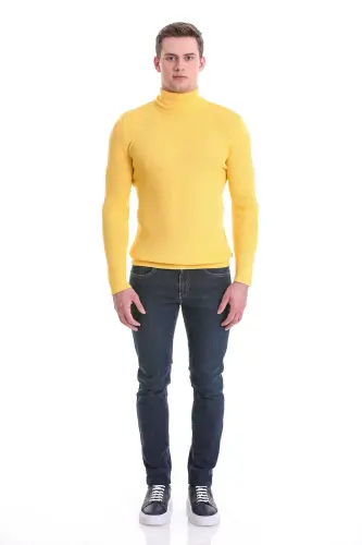 Sariq Slim Fit Qovurg'ali Baland Yoqali Junli Trikotaj Sviter - Sariq - HATEMOĞLU (1)