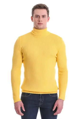 Sariq Slim Fit Qovurg'ali Baland Yoqali Junli Trikotaj Sviter - Sariq - 3