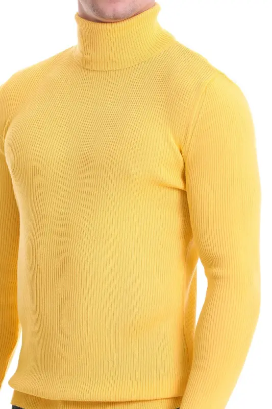 Sariq Slim Fit Qovurg'ali Baland Yoqali Junli Trikotaj Sviter - Sariq - 6