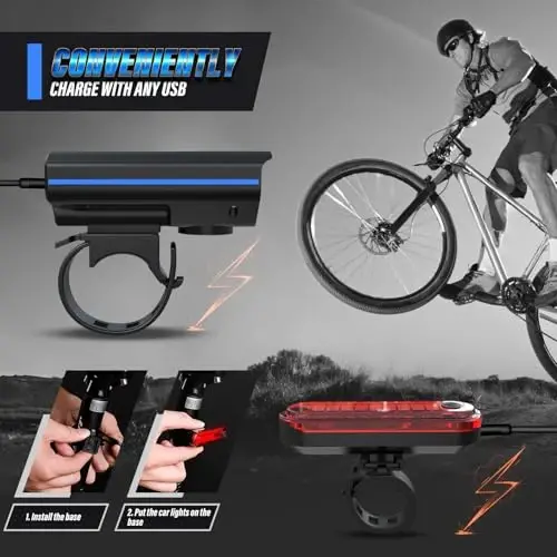 KUNHAK Rechargeable Bike Lights, Ultra Bright Bike Lights for Night Riding, Road Mountain Bike Accessories for Kids Adults - Headlight with Tail Light - 5