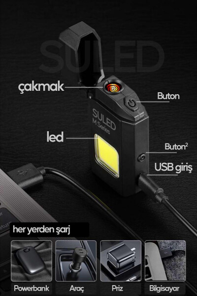 Şarjlı Çakmak USB Şarjlı LED Fener M Serisi Kamp Çakmağı COB Led CE Rüzgardan Etkilenmez - 2